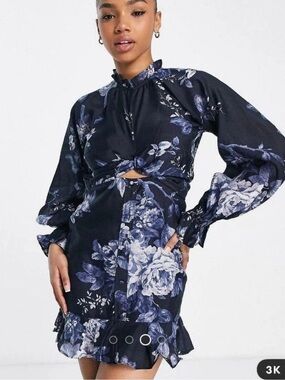 ASOS Black Floral Backless Mini Dress with Blue and White Blooms